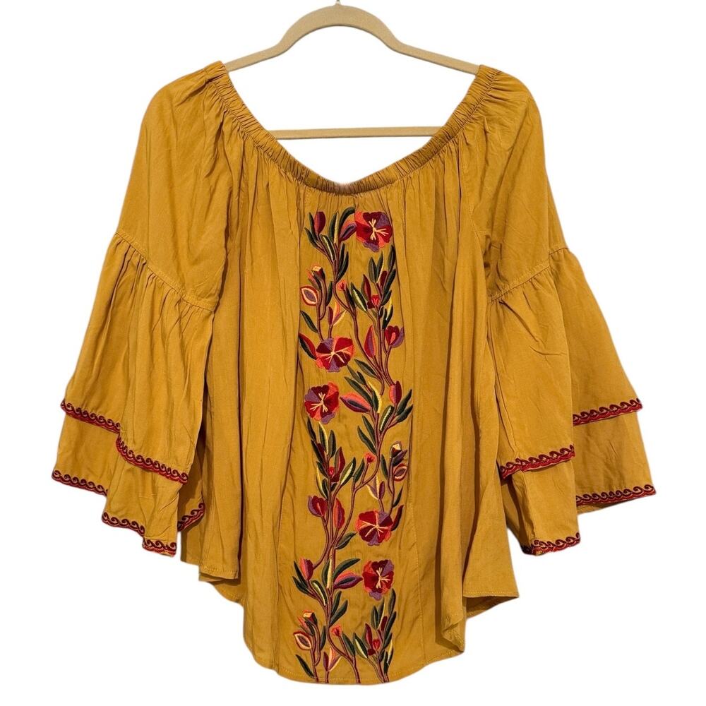 Solitaire Mustard Yellow Peasant Blouse Bell Sleeve Floral Embroidered Top M